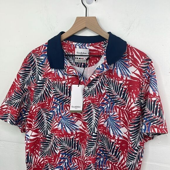Goodfellow & Co Polo Shirt Mens Large Hawaiian Aloha Palm Floral Knit Collar L - Picture 2 of 9